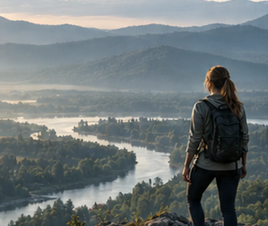 A person overlooking a river valley from a mountain viewpoint
